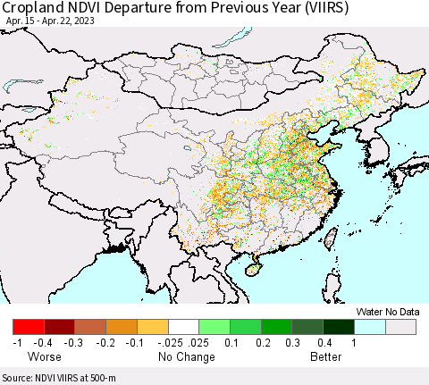 China, Mongolia and Taiwan Cropland NDVI Departure from Previous Year (VIIRS) Thematic Map For 4/15/2023 - 4/22/2023