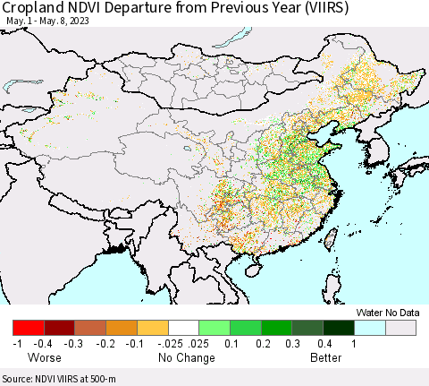 China, Mongolia and Taiwan Cropland NDVI Departure from Previous Year (VIIRS) Thematic Map For 5/1/2023 - 5/8/2023