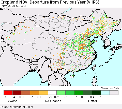 China, Mongolia and Taiwan Cropland NDVI Departure from Previous Year (VIIRS) Thematic Map For 5/25/2023 - 6/1/2023