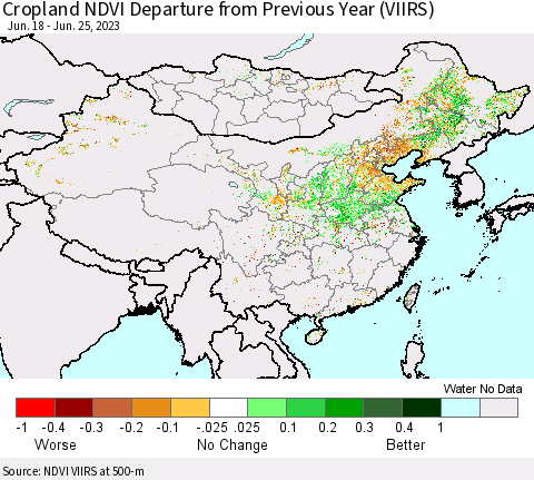 China, Mongolia and Taiwan Cropland NDVI Departure from Previous Year (VIIRS) Thematic Map For 6/18/2023 - 6/25/2023
