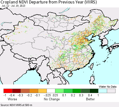 China, Mongolia and Taiwan Cropland NDVI Departure from Previous Year (VIIRS) Thematic Map For 7/12/2023 - 7/19/2023
