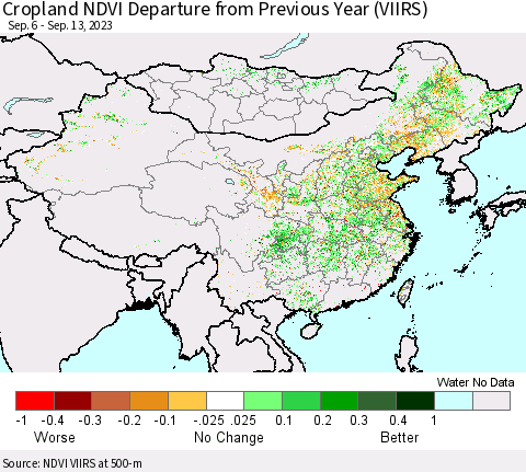 China, Mongolia and Taiwan Cropland NDVI Departure from Previous Year (VIIRS) Thematic Map For 9/6/2023 - 9/13/2023