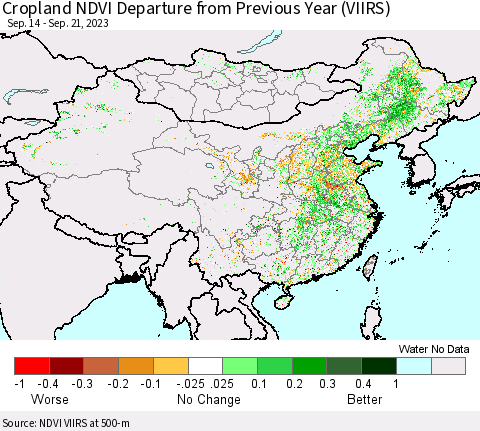China, Mongolia and Taiwan Cropland NDVI Departure from Previous Year (VIIRS) Thematic Map For 9/14/2023 - 9/21/2023