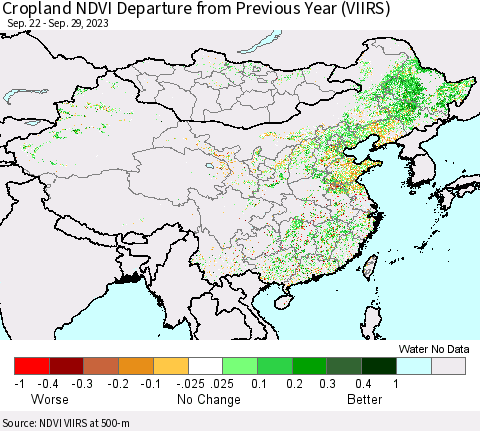 China, Mongolia and Taiwan Cropland NDVI Departure from Previous Year (VIIRS) Thematic Map For 9/22/2023 - 9/29/2023