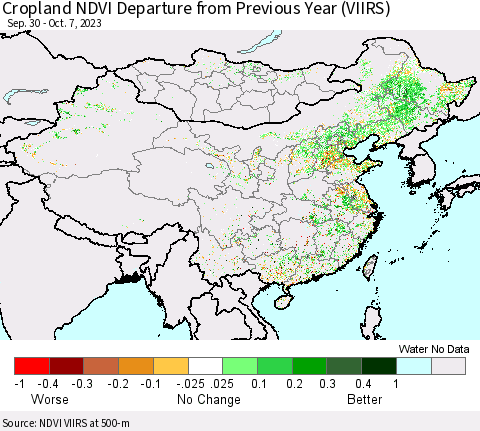 China, Mongolia and Taiwan Cropland NDVI Departure from Previous Year (VIIRS) Thematic Map For 9/30/2023 - 10/7/2023