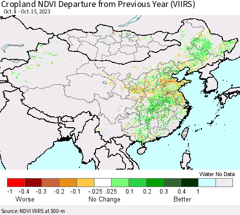China, Mongolia and Taiwan Cropland NDVI Departure from Previous Year (VIIRS) Thematic Map For 10/8/2023 - 10/15/2023