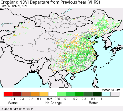 China, Mongolia and Taiwan Cropland NDVI Departure from Previous Year (VIIRS) Thematic Map For 10/16/2023 - 10/23/2023