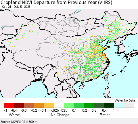 China, Mongolia and Taiwan Cropland NDVI Departure from Previous Year (VIIRS) Thematic Map For 10/24/2023 - 10/31/2023