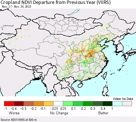 China, Mongolia and Taiwan Cropland NDVI Departure from Previous Year (VIIRS) Thematic Map For 11/17/2023 - 11/24/2023