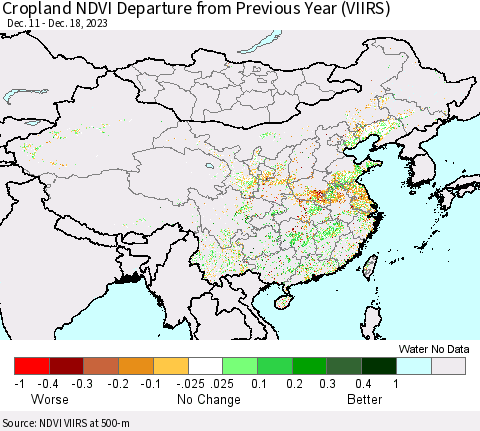 China, Mongolia and Taiwan Cropland NDVI Departure from Previous Year (VIIRS) Thematic Map For 12/11/2023 - 12/18/2023