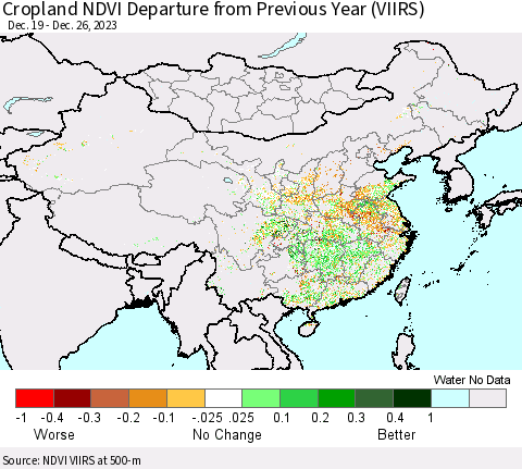 China, Mongolia and Taiwan Cropland NDVI Departure from Previous Year (VIIRS) Thematic Map For 12/19/2023 - 12/26/2023
