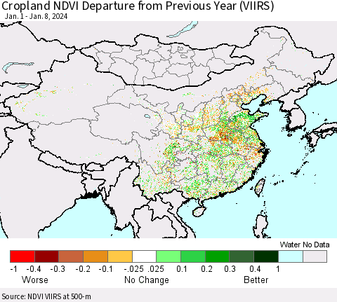 China, Mongolia and Taiwan Cropland NDVI Departure from Previous Year (VIIRS) Thematic Map For 1/1/2024 - 1/8/2024