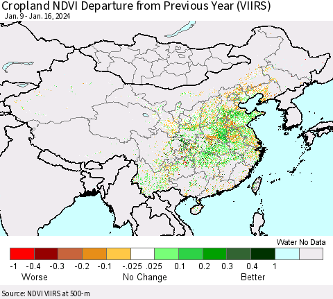 China, Mongolia and Taiwan Cropland NDVI Departure from Previous Year (VIIRS) Thematic Map For 1/9/2024 - 1/16/2024