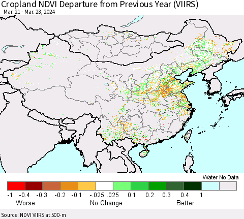 China, Mongolia and Taiwan Cropland NDVI Departure from Previous Year (VIIRS) Thematic Map For 3/21/2024 - 3/28/2024