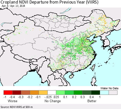 China, Mongolia and Taiwan Cropland NDVI Departure from Previous Year (VIIRS) Thematic Map For 4/6/2024 - 4/13/2024