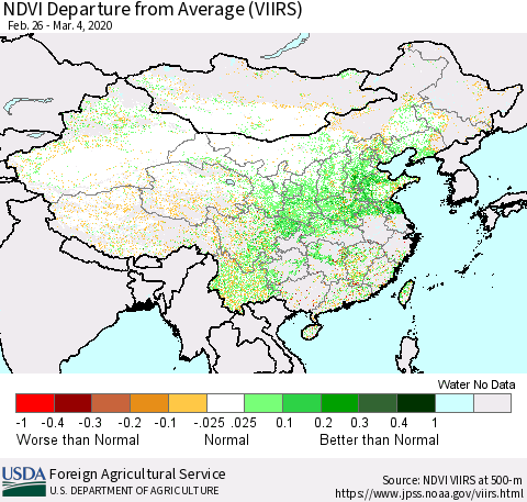 China, Mongolia and Taiwan NDVI Departure from Average (VIIRS) Thematic Map For 3/1/2020 - 3/10/2020