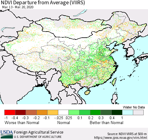 China and Taiwan NDVI Departure from Average (VIIRS) Thematic Map For 3/11/2020 - 3/20/2020