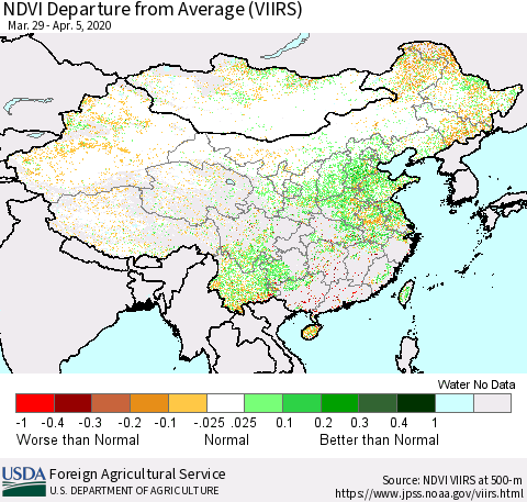 China, Mongolia and Taiwan NDVI Departure from Average (VIIRS) Thematic Map For 4/1/2020 - 4/10/2020