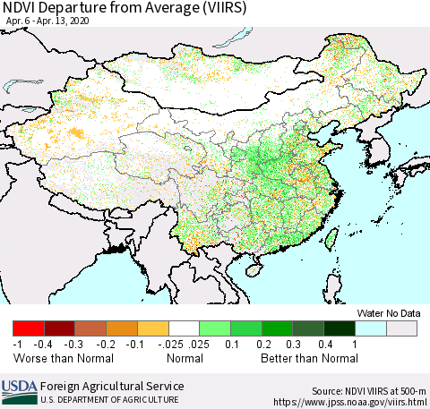 China, Mongolia and Taiwan NDVI Departure from Average (VIIRS) Thematic Map For 4/11/2020 - 4/20/2020