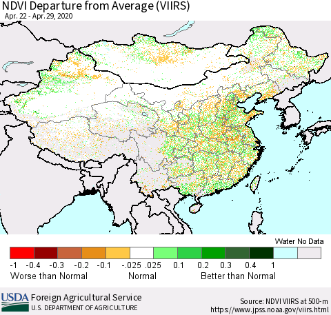 China, Mongolia and Taiwan NDVI Departure from Average (VIIRS) Thematic Map For 4/21/2020 - 4/30/2020