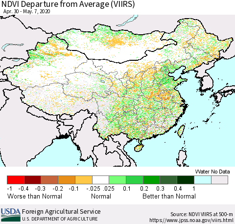 China and Taiwan NDVI Departure from Average (VIIRS) Thematic Map For 5/1/2020 - 5/10/2020