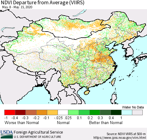 China, Mongolia and Taiwan NDVI Departure from Average (VIIRS) Thematic Map For 5/11/2020 - 5/20/2020