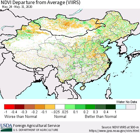 China and Taiwan NDVI Departure from Average (VIIRS) Thematic Map For 5/21/2020 - 5/31/2020