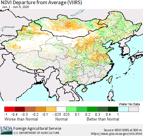 China and Taiwan NDVI Departure from Average (VIIRS) Thematic Map For 6/1/2020 - 6/10/2020