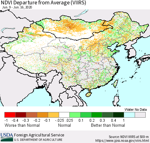 China and Taiwan NDVI Departure from Average (VIIRS) Thematic Map For 6/11/2020 - 6/20/2020