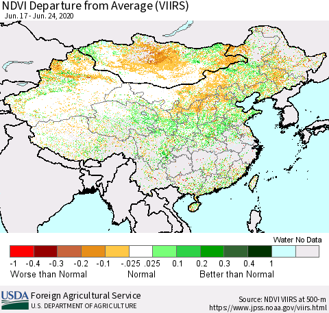 China and Taiwan NDVI Departure from Average (VIIRS) Thematic Map For 6/21/2020 - 6/30/2020