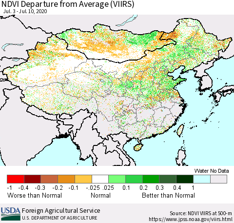 China and Taiwan NDVI Departure from Average (VIIRS) Thematic Map For 7/1/2020 - 7/10/2020