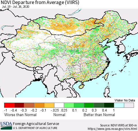 China and Taiwan NDVI Departure from Average (VIIRS) Thematic Map For 7/21/2020 - 7/31/2020