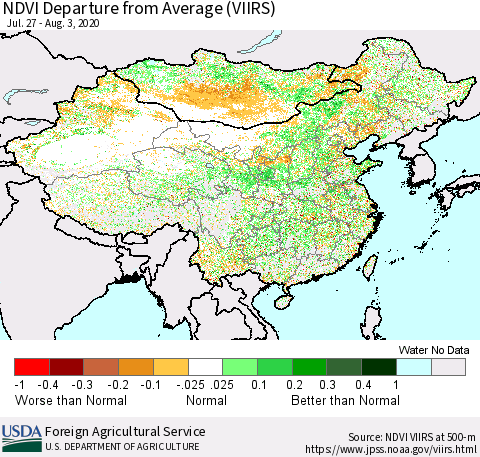 China and Taiwan NDVI Departure from Average (VIIRS) Thematic Map For 8/1/2020 - 8/10/2020