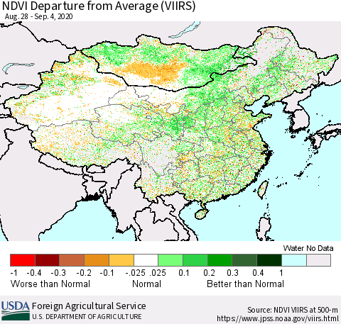 China and Taiwan NDVI Departure from Average (VIIRS) Thematic Map For 9/1/2020 - 9/10/2020