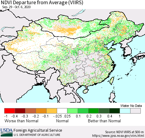 China and Taiwan NDVI Departure from Average (VIIRS) Thematic Map For 10/1/2020 - 10/10/2020