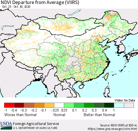 China and Taiwan NDVI Departure from Average (VIIRS) Thematic Map For 10/21/2020 - 10/31/2020