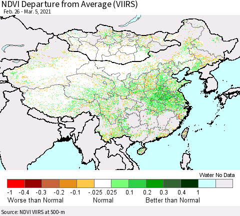 China, Mongolia and Taiwan NDVI Departure from Average (VIIRS) Thematic Map For 2/26/2021 - 3/5/2021