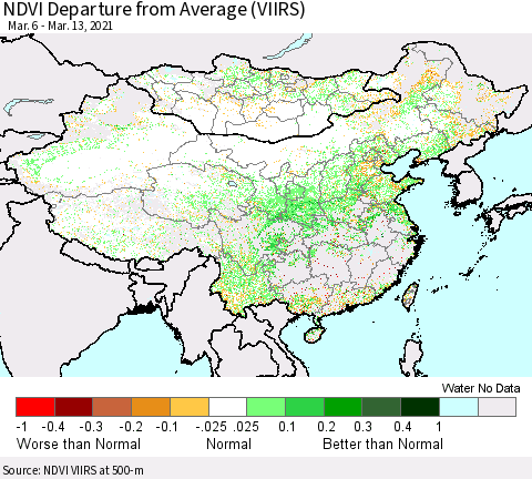 China, Mongolia and Taiwan NDVI Departure from Average (VIIRS) Thematic Map For 3/6/2021 - 3/13/2021