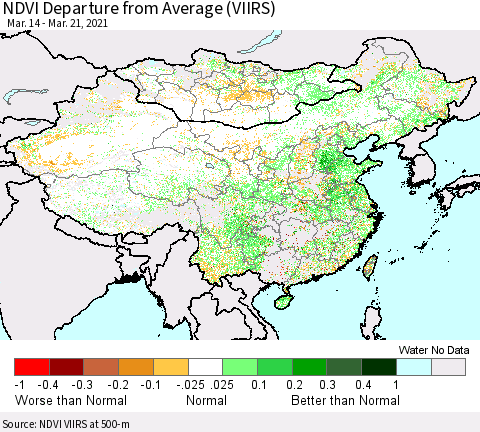 China, Mongolia and Taiwan NDVI Departure from Average (VIIRS) Thematic Map For 3/14/2021 - 3/21/2021