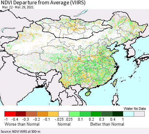 China, Mongolia and Taiwan NDVI Departure from Average (VIIRS) Thematic Map For 3/22/2021 - 3/29/2021