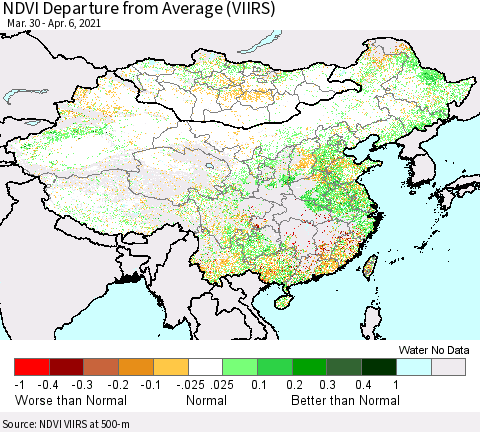 China, Mongolia and Taiwan NDVI Departure from Average (VIIRS) Thematic Map For 3/30/2021 - 4/6/2021