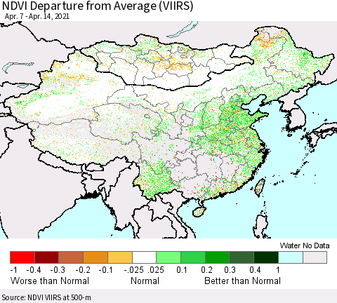 China, Mongolia and Taiwan NDVI Departure from Average (VIIRS) Thematic Map For 4/7/2021 - 4/14/2021