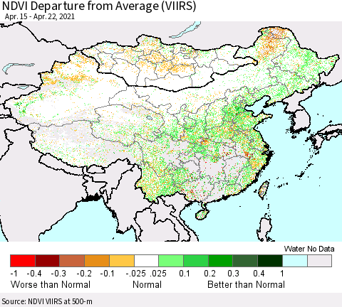China, Mongolia and Taiwan NDVI Departure from Average (VIIRS) Thematic Map For 4/15/2021 - 4/22/2021
