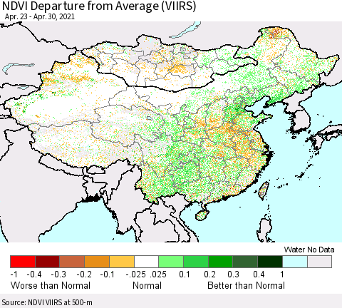 China, Mongolia and Taiwan NDVI Departure from Average (VIIRS) Thematic Map For 4/23/2021 - 4/30/2021