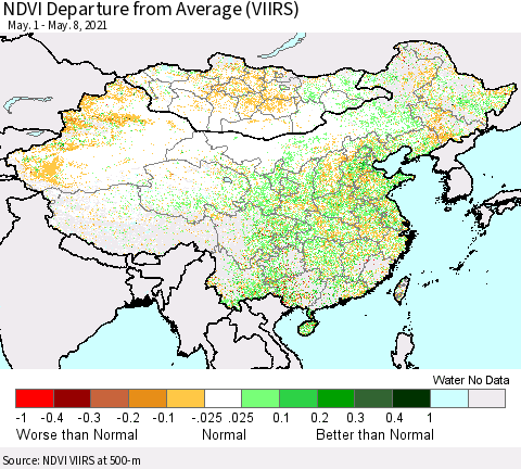 China, Mongolia and Taiwan NDVI Departure from Average (VIIRS) Thematic Map For 5/1/2021 - 5/8/2021