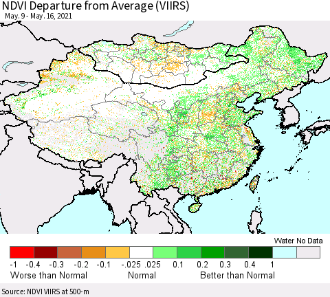 China, Mongolia and Taiwan NDVI Departure from Average (VIIRS) Thematic Map For 5/9/2021 - 5/16/2021