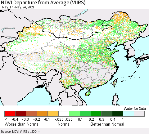 China, Mongolia and Taiwan NDVI Departure from Average (VIIRS) Thematic Map For 5/17/2021 - 5/24/2021