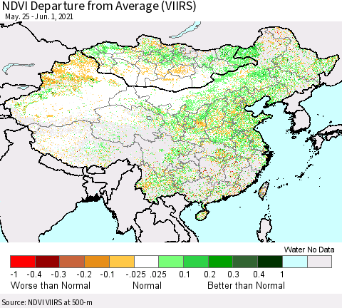 China, Mongolia and Taiwan NDVI Departure from Average (VIIRS) Thematic Map For 5/25/2021 - 6/1/2021