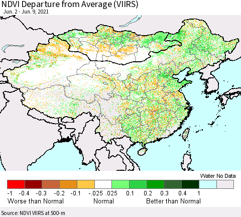 China, Mongolia and Taiwan NDVI Departure from Average (VIIRS) Thematic Map For 6/2/2021 - 6/9/2021