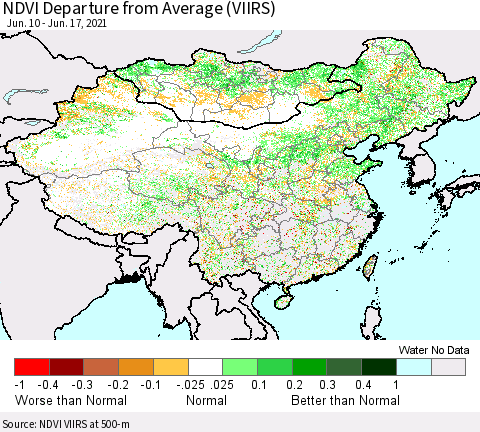 China, Mongolia and Taiwan NDVI Departure from Average (VIIRS) Thematic Map For 6/10/2021 - 6/17/2021